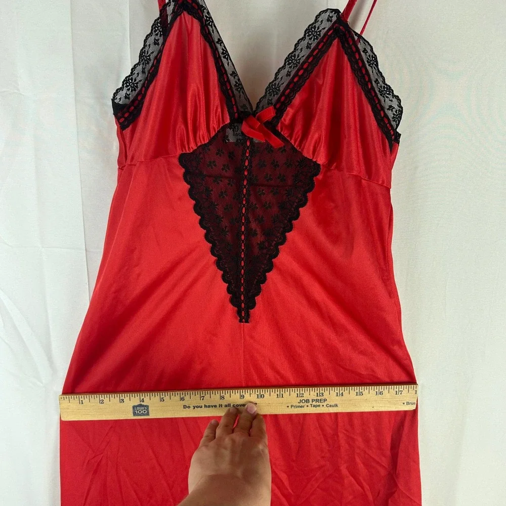 Vintage Paramount‎ New York Red Satin Nightgown Black Lace Trim Maxi Slip Dress
